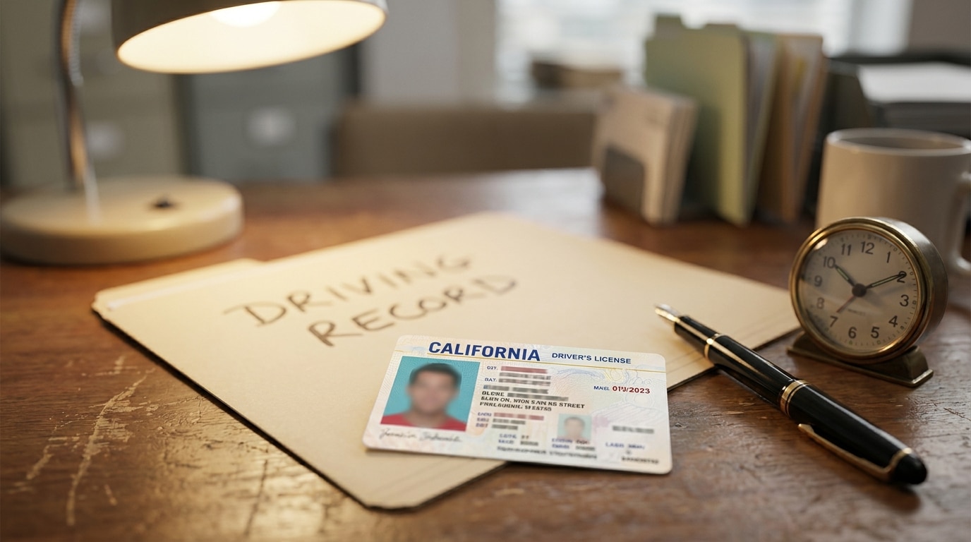 Licencia de conducir de California y documentos legales que ilustran los historiales del DMV, penal, de seguro y migratorio que toca una condena por DUI