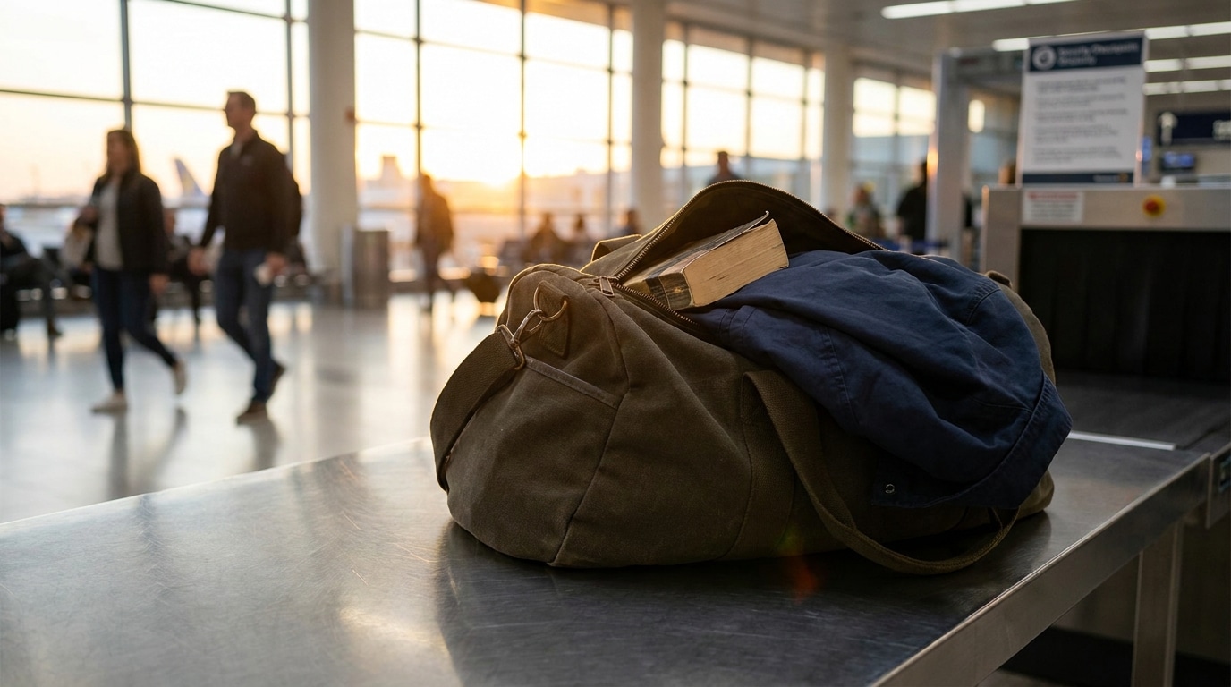 Traveler's carry-on bag on an airport terminal counter — cannabis carried through Oakland International Airport falls under federal jurisdiction regardless of California legalization