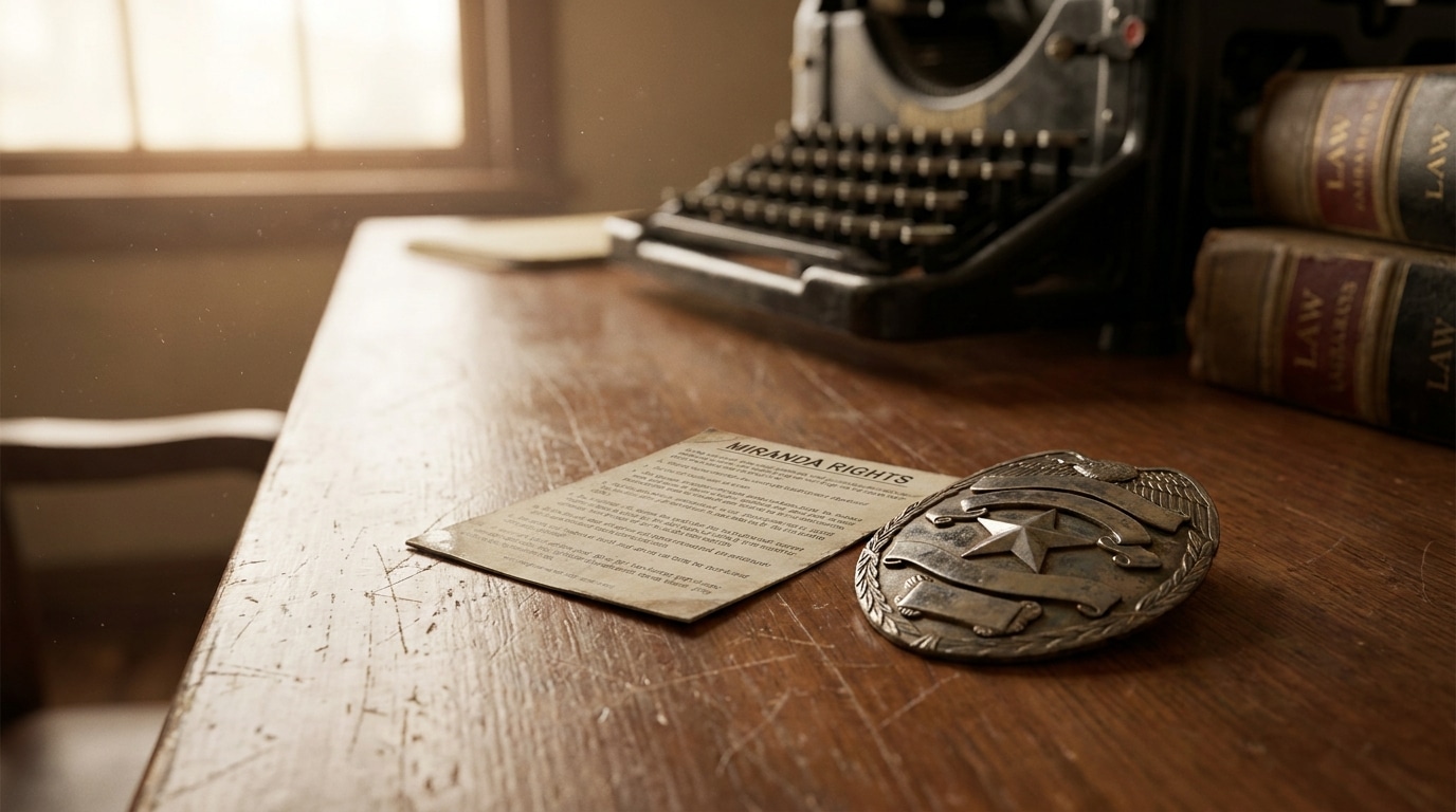 Miranda rights card on a wooden desk beside a police badge illustrating when Miranda warnings must be read during California interrogations