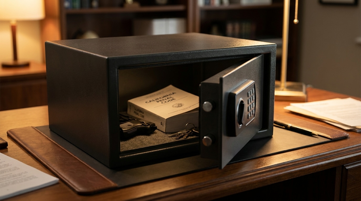Locked gun safe illustrating California PC 29800 felon in possession charges