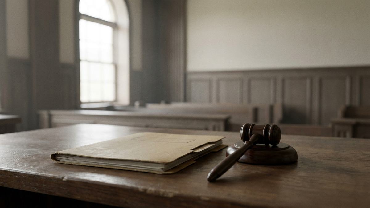 Empty Alameda County courtroom with a case file and gavel in a domestic violence case
