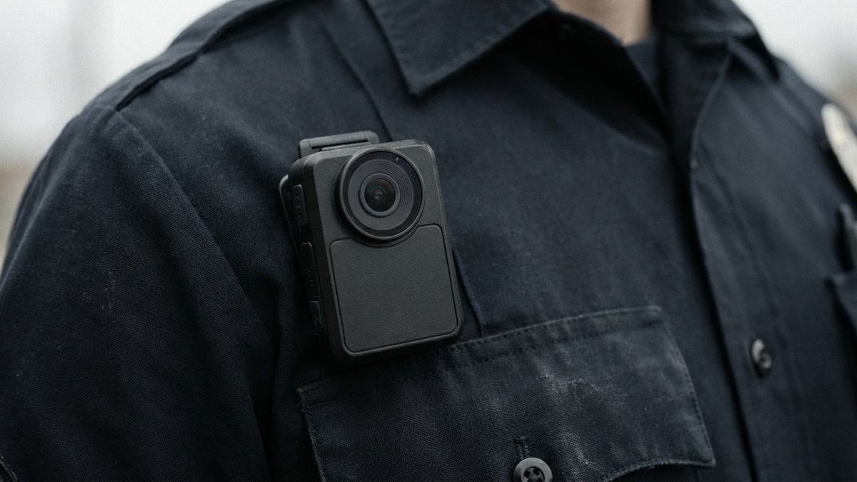 Police body-worn camera clipped to an officer uniform, used as evidence in California cases
