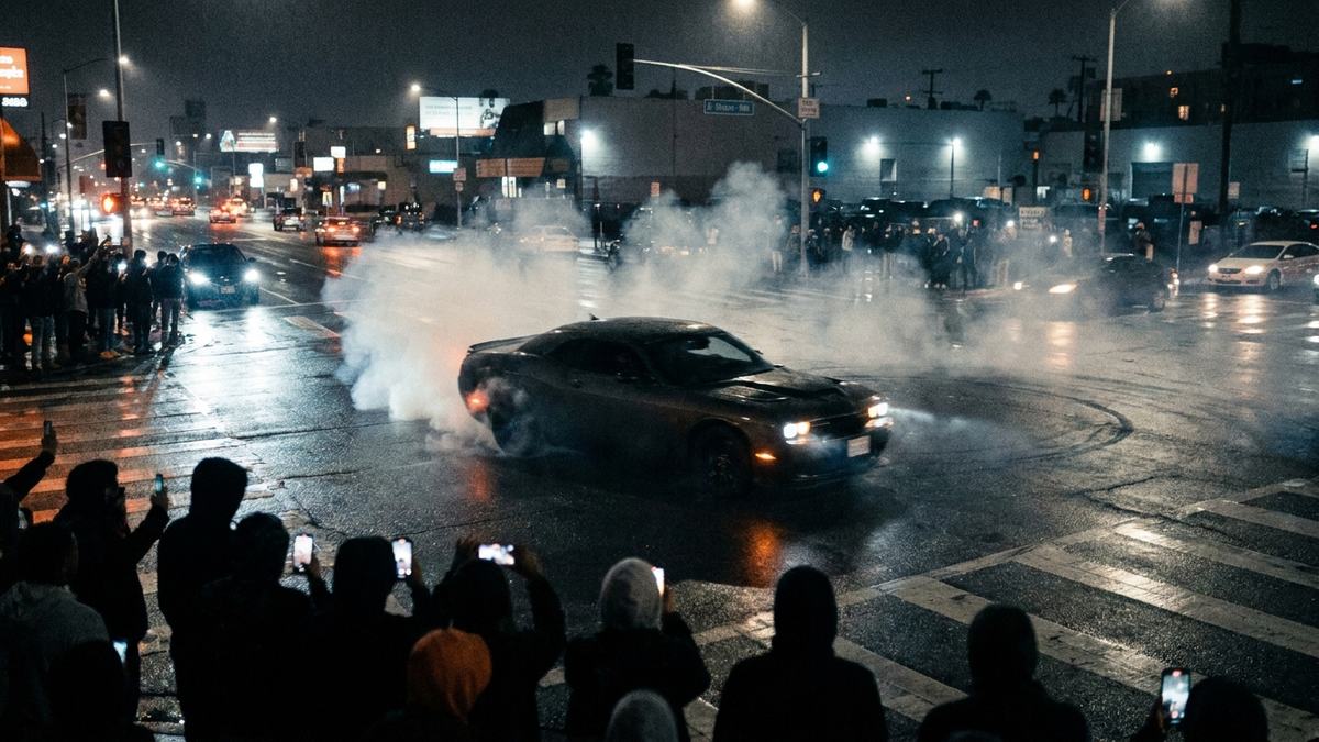 Modern muscle car doing a donut surrounded by a crowd at a nighttime Oakland sideshow